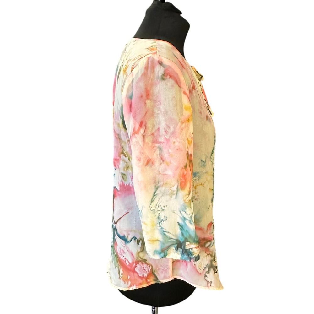 Chico’s Watercolor Floral Boho Blouse Crochet Lace Peasant Top Size L - Picture 3 of 9